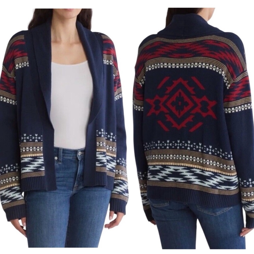 Lucky Brand Aztec Southwest Fair Isle Open Knit Shawl Cardigan Sweater